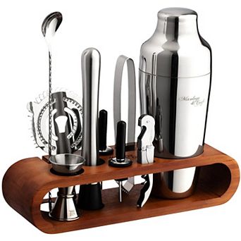10 pc Cocktail Shaker Set with Dark Stand - Complete at Home Bar Set with Bar Accessories