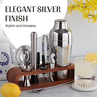 10-Piece Cocktail Shaker Set with Dark Stand - Complete at Home Bar Set with Bar Accessories