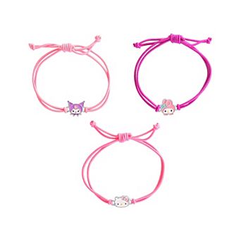Hello Kitty Sanrio Cord Bracelet 3 pc Set with Kuromi, My Melody Charms, Officially Licensed