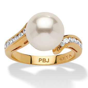 PalmBeach Jewelry .16 TCW Round Simulated Pearl Cubic Zirconia Accent Yellow Gold-Plated Ring