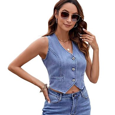 Womens Denim Vest Sleeveless V neck Jean Suit Cropped Tank Tops Summer Casual Button Down Jackets