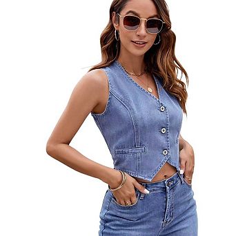 Womens Denim Vest Sleeveless V neck Jean Suit Cropped Tank Tops Summer Casual Button Down Jackets