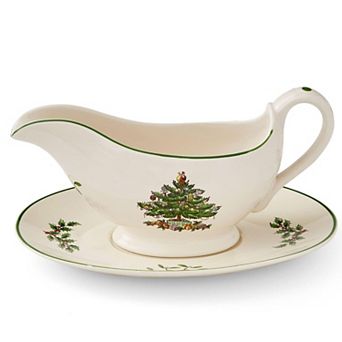 Spode Christmas Tree 9 Oz Gravy Boat Stand - Festive Stoneware Sauce With Tray For Holiday