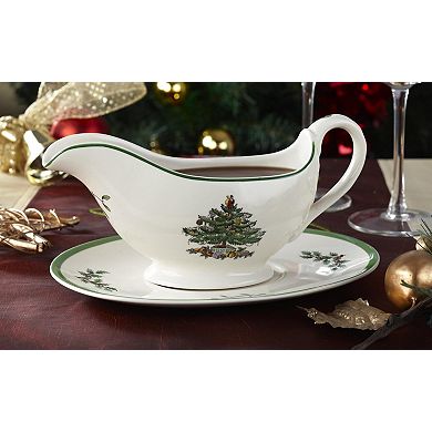 Spode Christmas Tree 9 Oz Gravy Boat Stand - Festive Stoneware Sauce With Tray For Holiday