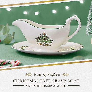 Spode Christmas Tree 9 Oz Gravy Boat Stand - Festive Stoneware Sauce With Tray For Holiday