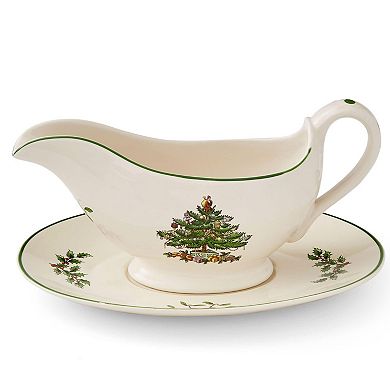 Spode Christmas Tree 9 Oz Gravy Boat Stand - Festive Stoneware Sauce With Tray For Holiday