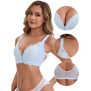 Women's Deep V Adjustable Straps Soft Underwire Support Minimizers Push-Up Front Closure Lace Bras
