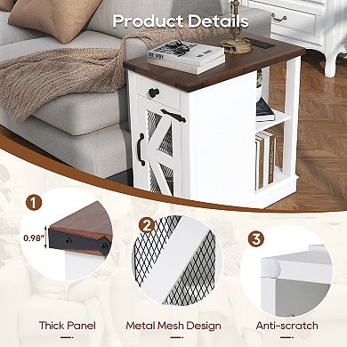 Side Table with Charging Station Farmhouse End Tables with Back Storage Shelf