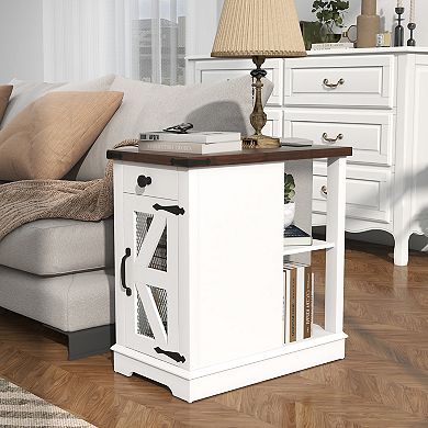Side Table with Charging Station Farmhouse End Tables with Back Storage Shelf