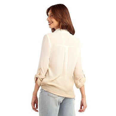 Women's AB Studio Button Front Roll Tab Sleeve Blouse