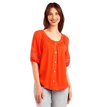 Women's AB Studio Elbow Wide Trim Sleeve Ruffle Neck Blouse