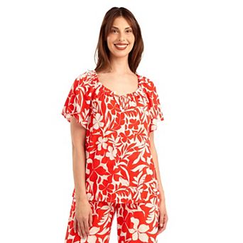 Women's AB Studio Elbow Flutter Ruffle Neck Peasant Top