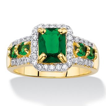 PalmBeach Jewelry 2.62 ct w. Simulated Green Emerald & Cubic Zirconia 18k Gold-Plated Halo Ring