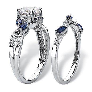 PalmBeach Jewelry 2.63 TCW Platinum-plated Sterling CZ and Lab-Created Sapphire Wedding Ring Set