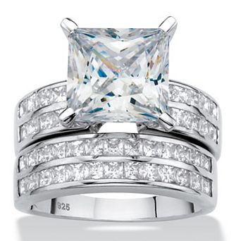 PalmBeach Jewelry 5.15 ct w. Princess-Cut Platinum-plated Silver Cubic Zirconia Wedding Ring Set