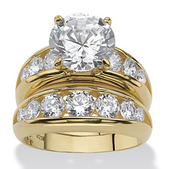 PalmBeach Jewelry 2 pc 6.09 TCW CZ Bridal Ring Set in Gold-Plated Sterling Silver