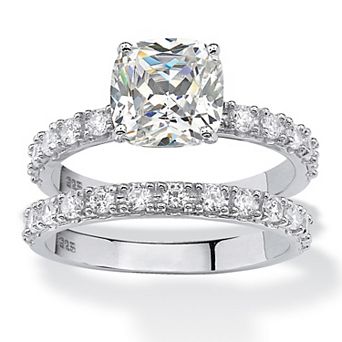 PalmBeach Jewelry 2.45 TCW Cushion-Cut Cubic Zirconia Platinum-plated Silver Bridal Ring Set