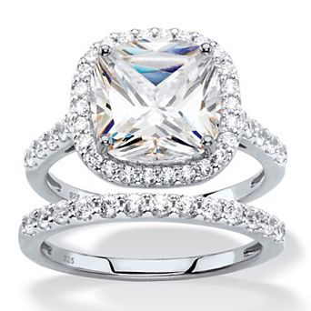PalmBeach Jewelry 3.49 TCW Cubic Zirconia 2 pc Platinum-plated Sterling Silver Halo Bridal Set