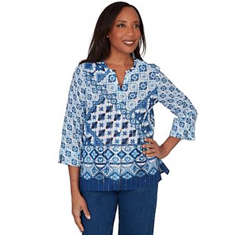 Petite Alfred Dunner Ikat Tie-Dye Patchwork Henley Top