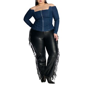 ELOQUII Women's Plus Size Faux Leather Pant With Fringe