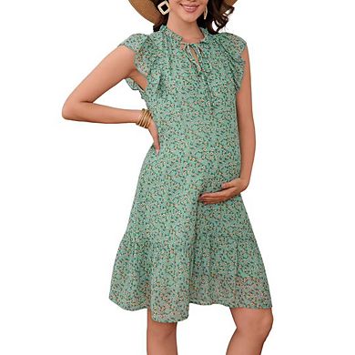 Women's Maternity Mini Dress Summer V Neck Flutter Sleeve Boho Floral Babydoll Shift Short Dress