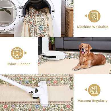 Vintage Pattern Washable Area Rug Soft Square Doormat Pet and Kid Friendly Non-Slip Mat