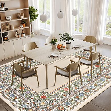 Vintage Pattern Washable Area Rug Soft Square Doormat Pet and Kid Friendly Non-Slip Mat