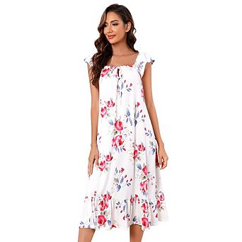 Women's Short Sleeve Pajama Dress Loose Boho Floral Soft Sleepwear Maxi Dress