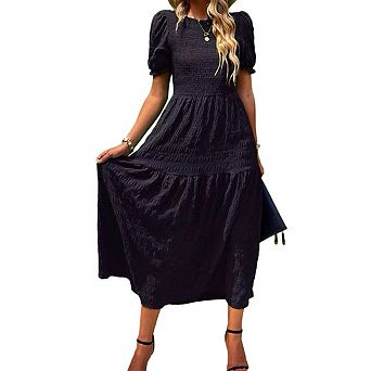Women's Summer Crew Neck Short Sleeve Smocked Midi Dress Casual Elastic Waist Flowy Maxi Dress