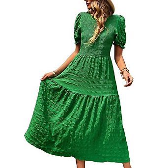 Women's Summer Crew Neck Short Sleeve Smocked Midi Dress Casual Elastic Waist Flowy Maxi Dress
