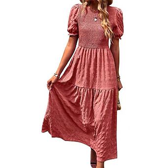 Women's Summer Crew Neck Short Sleeve Smocked Midi Dress Casual Elastic Waist Flowy Maxi Dress