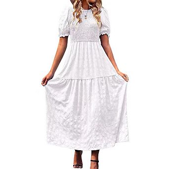 Women's Summer Crew Neck Short Sleeve Smocked Midi Dress Casual Elastic Waist Flowy Maxi Dress