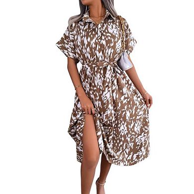 Women's Summer Polka Dot Print Shirt Dress Vintage Short Sleeve Button Down Midi Dress