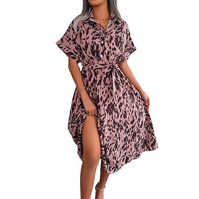 Women's Summer Polka Dot Print Shirt Dress Vintage Short Sleeve Button Down Midi Dress