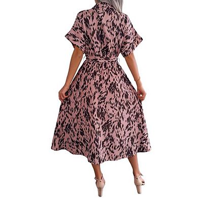 Women's Summer Polka Dot Print Shirt Dress Vintage Short Sleeve Button Down Midi Dress