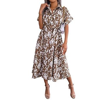 Women's Summer Polka Dot Print Shirt Dress Vintage Short Sleeve Button Down Midi Dress