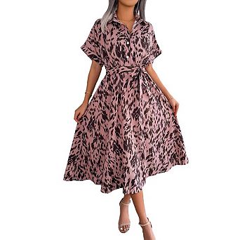 Women's Summer Polka Dot Print Shirt Dress Vintage Short Sleeve Button Down Midi Dress