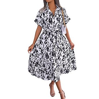 Women's Summer Polka Dot Print Shirt Dress Vintage Short Sleeve Button Down Midi Dress