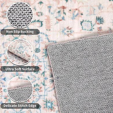 Vintage Floral Washable Rug, Non-Slip Thin Carpet for Living Room Bedroom Office