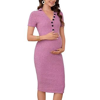 Women's Maternity Dress Short Sleeve V Neck Bodycon Midi Sweater Dress for Photoshoot Baby Shower