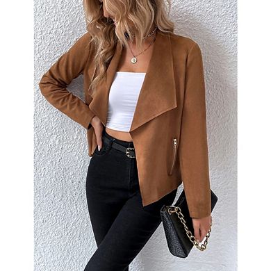 Women's Faux Suede Jackets Long Sleeve Open Front Fall Clothes Cropped Coat Outwear