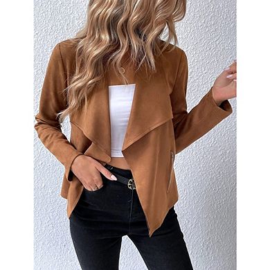 Women's Faux Suede Jackets Long Sleeve Open Front Fall Clothes Cropped Coat Outwear