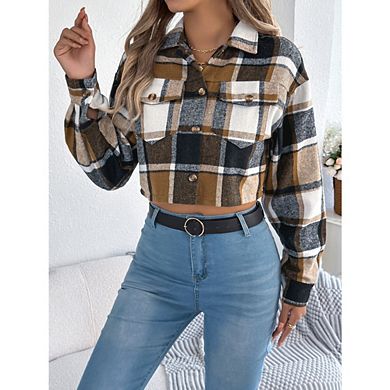 Womens Flannel Cropped Jacket Plaid Shacket Lapel Button Down Long Sleeve Color Block Casual Coat