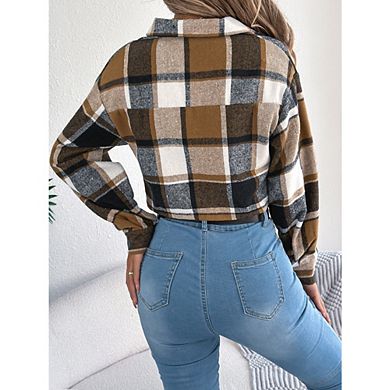 Womens Flannel Cropped Jacket Plaid Shacket Lapel Button Down Long Sleeve Color Block Casual Coat