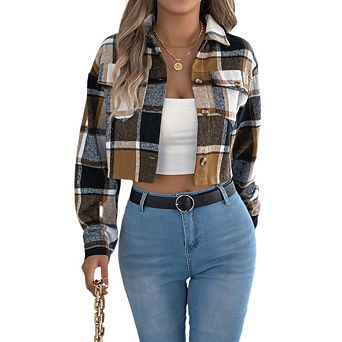Womens Flannel Cropped Jacket Plaid Shacket Lapel Button Down Long Sleeve Color Block Casual Coat