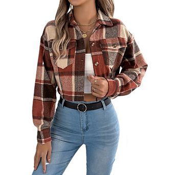 Womens Flannel Cropped Jacket Plaid Shacket Lapel Button Down Long Sleeve Color Block Casual Coat