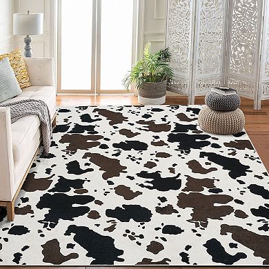 Washable Cowhide Print Rug Soft Boho Decor Pet & Baby Friendly Area Carpet for Living Room