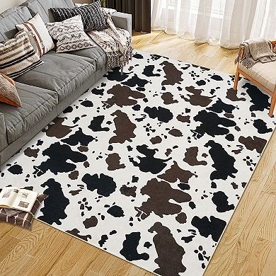 Washable Cowhide Print Rug Soft Boho Decor Pet & Baby Friendly Area Carpet for Living Room