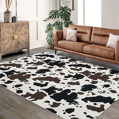 Washable Cowhide Print Rug Soft Boho Decor Pet & Baby Friendly Area Carpet for Living Room