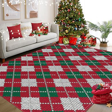 Christmas Diamond Print Rug Polyester Washable Foldable Mat for Holiday Decor